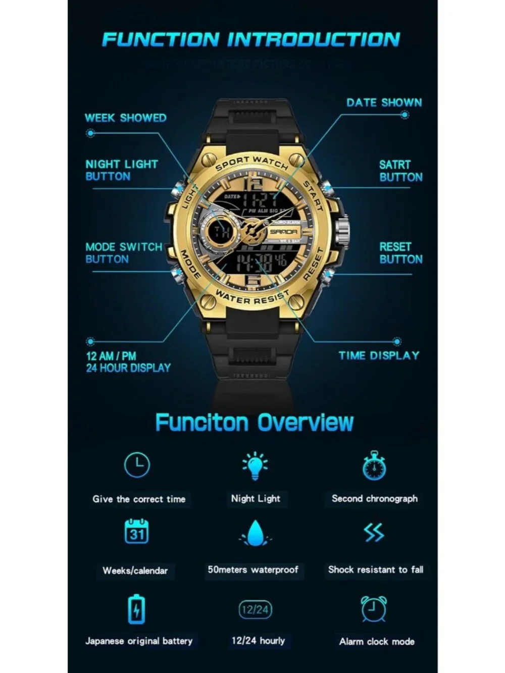 Men's Gold And Black Analog Quartz Sports Waterproof Military LED Digital Watch